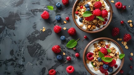 Yogurt bowls with granola and fresh berries. Flat lay food photography.