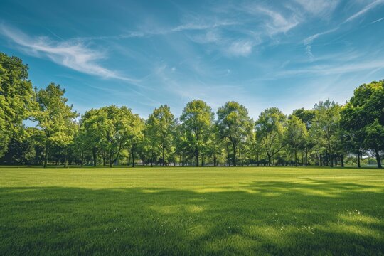 Sunlight filtering through trees in a park. Landscape photography with copy space