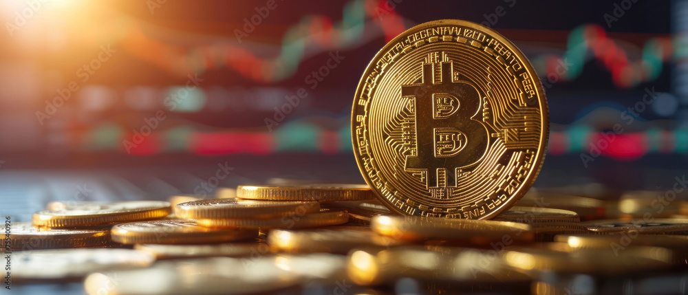 Poster stacks of coins on a financial graph background, representing investment growth and wealth accumulat