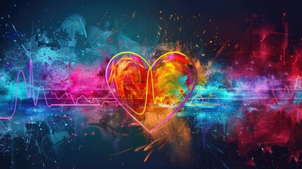 Abstract colorful heart with sound wave pattern on a vibrant background.