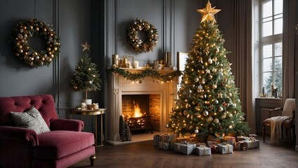 Fototapeta na wymiar christmas tree with fireplace and christmas decorations