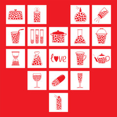 Happy Valentines Day square icon set. Love greeting card. Objects with red hearts inside. Candle Glass Pill Perfume Tea cup Bag Salt shaker Tea Coffee cup Hourglass. Flat design. Red background - 755400951