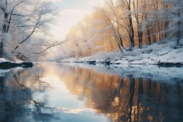 A peaceful river flowing through a snowy forest. Ideal for nature or winter-themed projects
