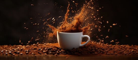 A cup filled with coffee erupts into the air, with droplets and steam flying upwards. The explosion of coffee creates a dynamic and chaotic moment captured in time.