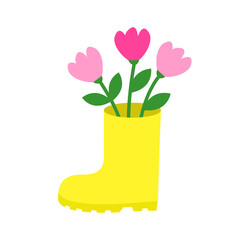 Yellow rubber boot with pink tulip flower bouquet set. Happy Easter. Cute cartoon spring tulips flowers. Decoration element. Greeting card. Flat design. White background. Isolated. - 755401179