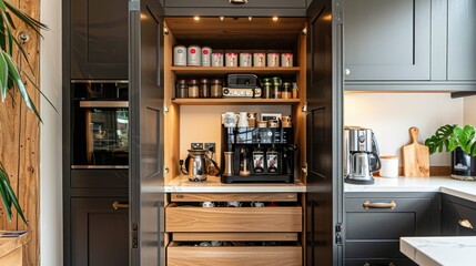 Modern kitchen pantry with organized shelves, coffee machine, and wooden details. - obrazy, fototapety, plakaty