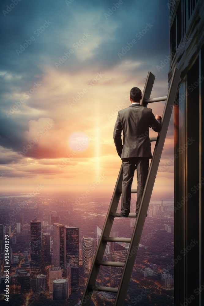 Poster a man in a suit climbing a ladder on a building. suitable for business and success concepts