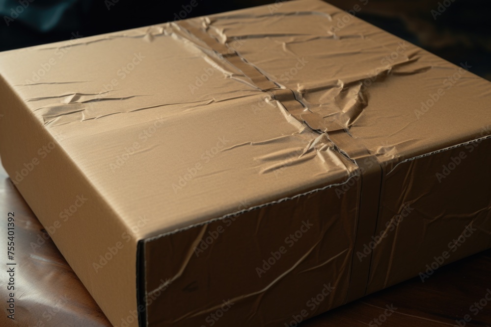 Poster a cardboard box placed on a wooden table. suitable for packaging or storage concepts