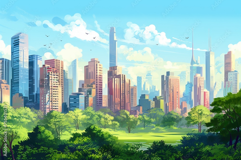 Poster a cityscape with trees in the foreground. suitable for urban and nature themes
