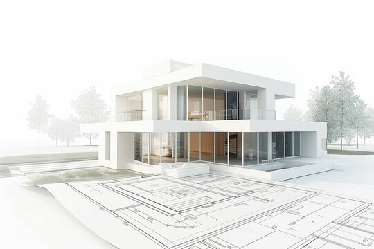 maison d'architecte en maquette sur des plans, fond blanc, illustration ia générative