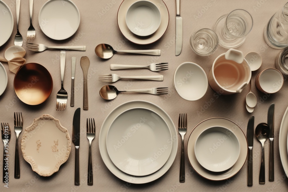 Aufkleber a table set with plates and silverware, suitable for dining events