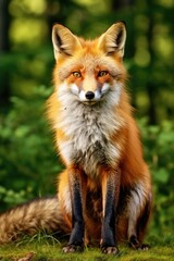 A red fox sitting on the ground in the woods. Perfect for nature and wildlife themes