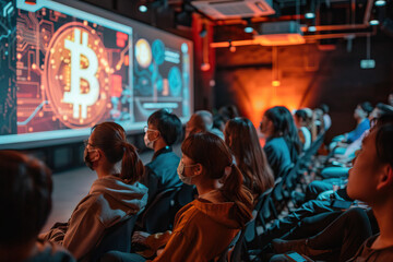 Fototapeta na wymiar Audience attentively watching a Bitcoin and cryptocurrency presentation in a tech seminar
