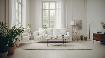 A modern living room with a white couch and coffee table. Suitable for interior design concepts