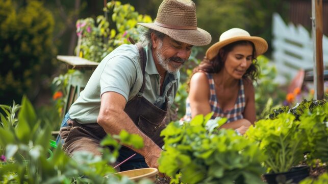 Senior couple gardening together, planting vegetables in home garden