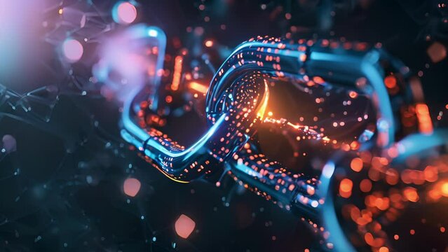 Extreme closeup of a blockchain encryption key being used to protect sensitive medical research data from unauthorized access.