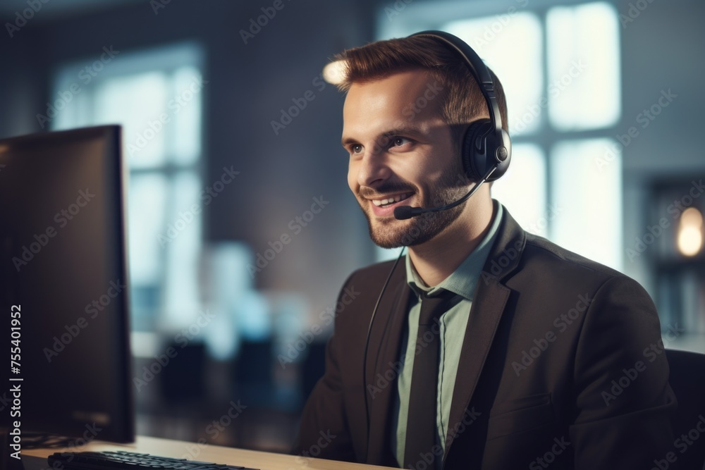Poster A man sitting in front of a computer wearing a headset. Ideal for tech support concepts