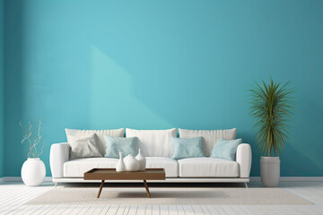 Fototapeta na wymiar A spacious living room with a pristine white empty frame against a vibrant, teal-colored accent wall, adorned with minimalist furniture and abundant natural light filtering through.