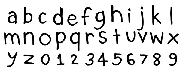 English alphabet A to Z, 0 to 9 10 cute on a white background, vector illustration.
