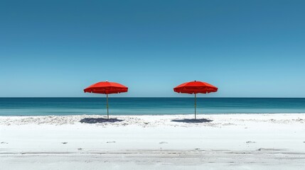 Red umbrellas on an empty white sand beach with clear blue water.