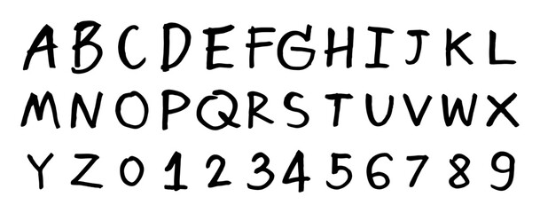 English alphabet A to Z, 0 to 9 9 cute on a white background, vector illustration.
