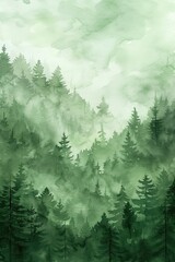 Misty forest watercolor with layers of pine trees in various green shades.
