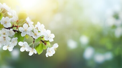 Blooming cherry blossoms on a branch with soft green background.