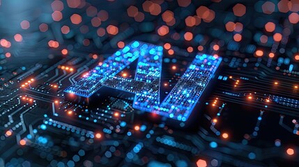 Glowing AI neural network concept over a circuit board.