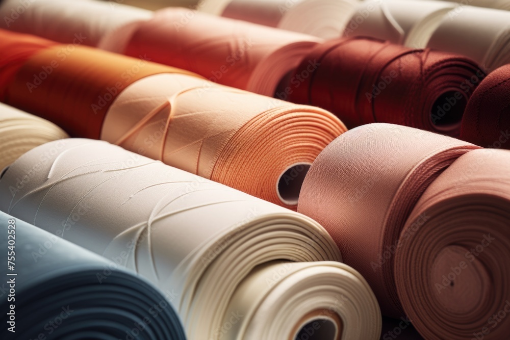 Poster a close up of a bunch of rolls of fabric. ideal for textile industry concepts