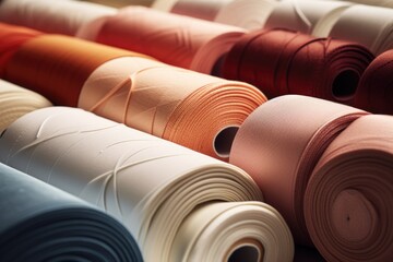 A close up of a bunch of rolls of fabric. Ideal for textile industry concepts - obrazy, fototapety, plakaty
