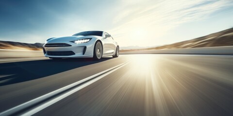 Fototapeta na wymiar A white sports car cruising along a scenic road. Perfect for automotive and travel concepts