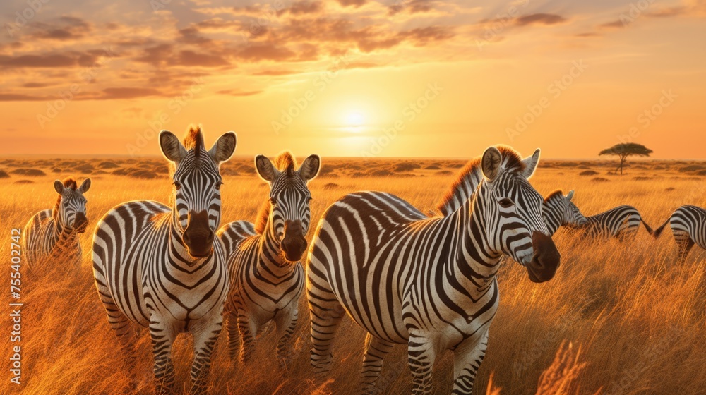 Poster a herd of zebra standing on a grass covered field. suitable for nature and wildlife themes