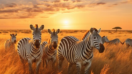 Fototapeta na wymiar A herd of zebra standing on a grass covered field. Suitable for nature and wildlife themes