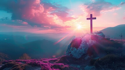 Cross on a mountain with purple clouds and a sunbeam at sunset.