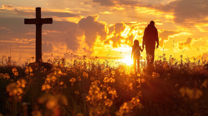 A silhouette of a parent and child walking by a cross at sunset. - Powered by Adobe