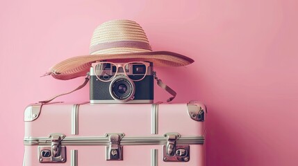 Vintage camera with sunglasses on a pink suitcase, monochromatic pink background.