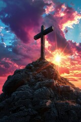Cross atop a rocky peak during a vibrant sunset with dramatic clouds.