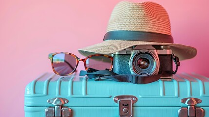 Vintage camera and hat on a light blue suitcase, monochromatic pink background.