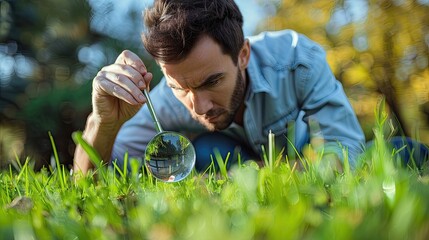 Naklejka na ściany i meble Focused man using a magnifying glass to examine the grass closely.