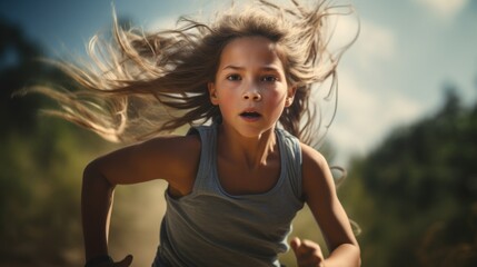 A young girl running with her hair blowing in the wind. Suitable for active lifestyle and sports concepts