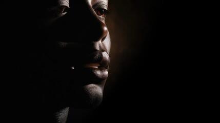 Close up of a man's face in the dark, suitable for mystery or horror themes
