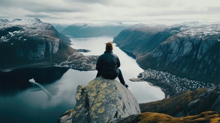 A person sitting on a rock overlooking a body of water. Ideal for travel and relaxation concepts - obrazy, fototapety, plakaty