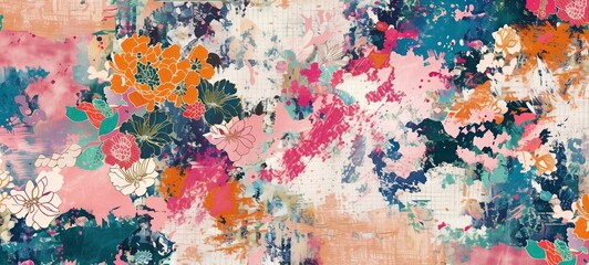 Floral fabric design. A vibrant and colorful pattern featuring an array of abstract and stylized flowers overlaid with textured elements, reminiscent of traditional Japanese kimono fabrics.