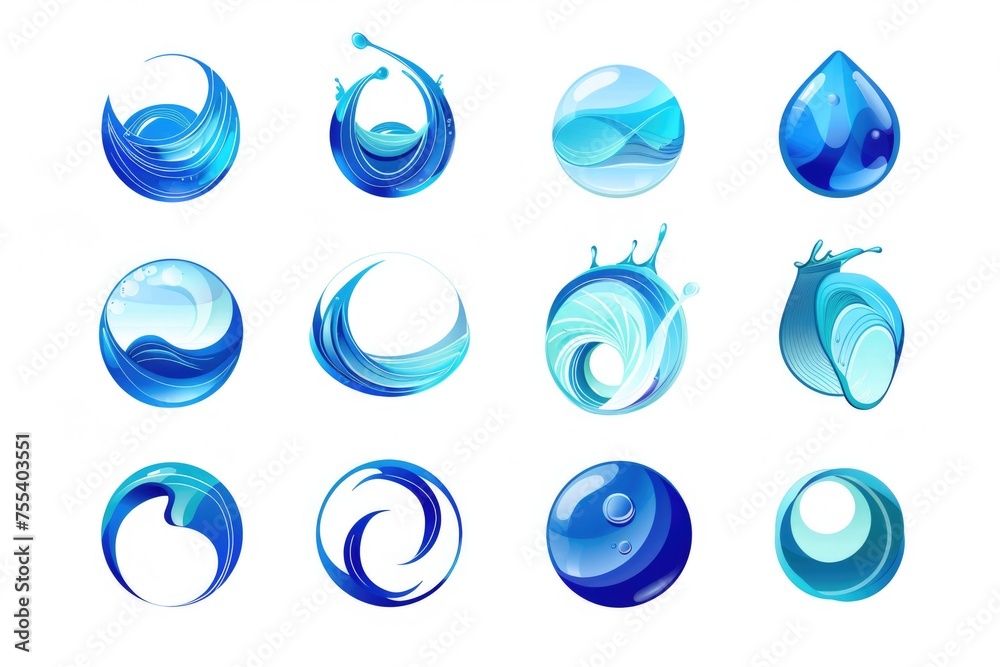 Poster collection of nine unique blue and white swirl designs. ideal for graphic design projects