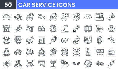 Car Service and Automotive vector line icon set. Contain linear outline icons like Wheel, Mechanic, Garage, Vehicle, Chassis, Engine, Piston, Truck, Repair, Industry. Editable use and stroke.
