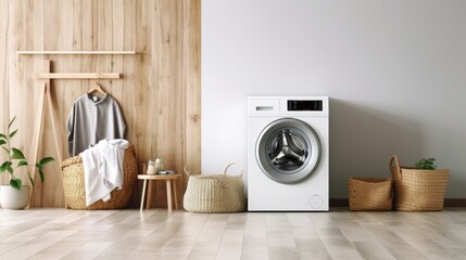 Laundry room interior with modern washing machine and basket with towels