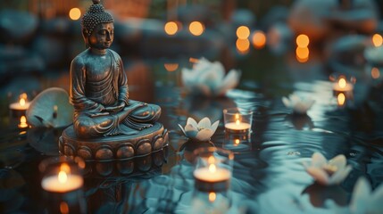 A serene Buddha statue sitting on a table with candles, ideal for spiritual concepts