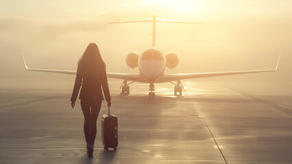 A woman strolls along the runway with a suitcase, heading towards an aircraft - obrazy, fototapety, plakaty