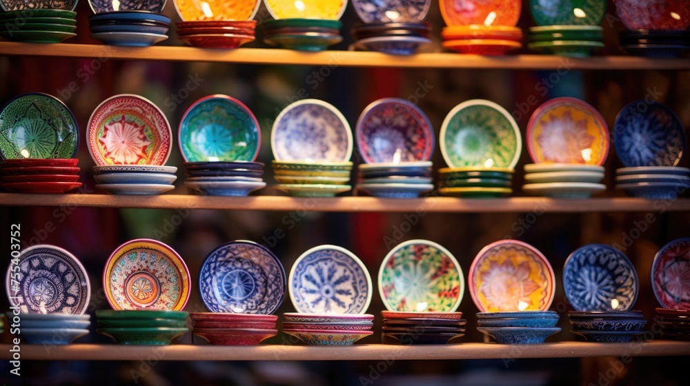 Poster a shelf filled with colorful plates, perfect for kitchen and dining concepts