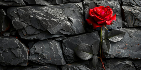 Black coal from a mine next to a beautiful red rose very high quality image realistic soft light .
 - obrazy, fototapety, plakaty